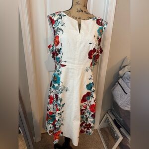 Floral Sleeveless Dress - White with Red and Blue Accents